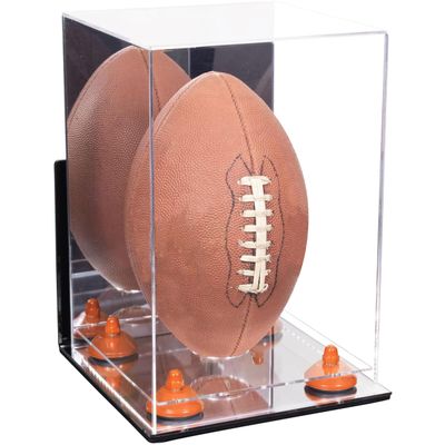 Better Display Cases Acrylic Football Display Case Vertical with Mirror Case, Orange Risers, Wall Mount and Mirror Base (B42/A060)