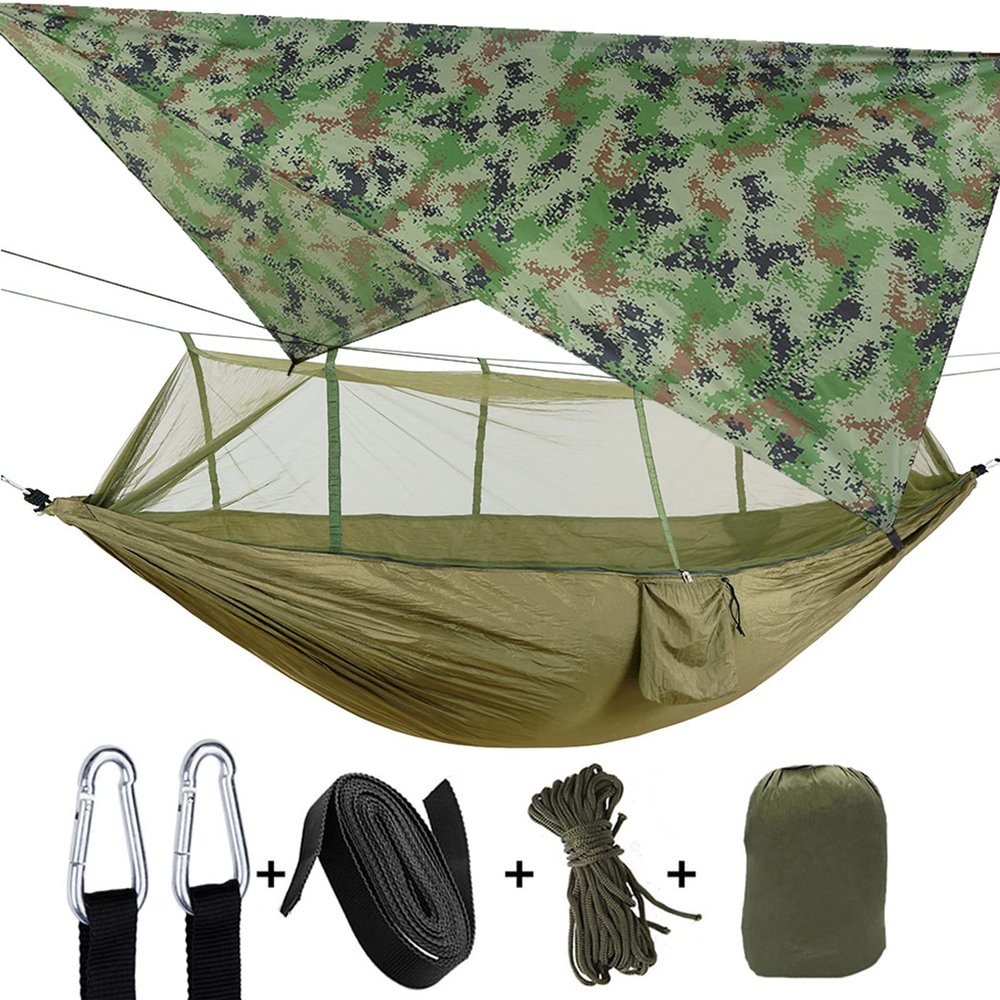 Camping Hammock, Double & Single Portable Hammock with Tree Straps, Lightweight Nylon Hammock Swing Set with Net and Rain Fly Tarp and Pocket for Backpacking Hiking Travel Outdoor(ArmyGreen1)