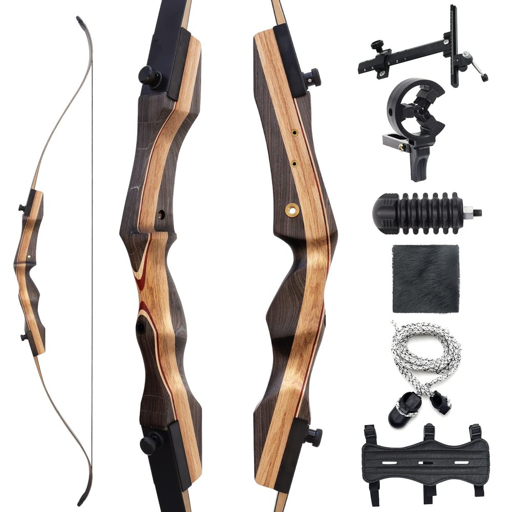 62" Wooden Takedown Recurve Bow Set 25-50 Lbs Right Hand Archery Hunting Bow for Adult Beginners Outdoor Practice (45LBS)