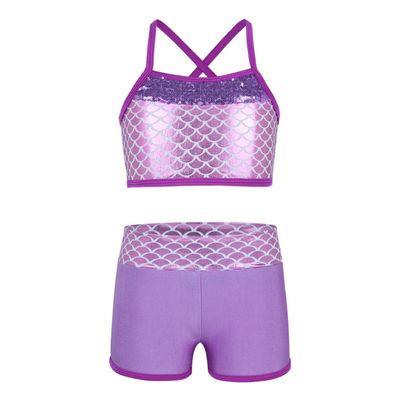JanJean Kids Girls 2 Piece Ballet Active Outfits Shiny Tank Top with Booty Shorts Gymnastics Leotard Dance Gym Workout Shiny Lavender 8-10