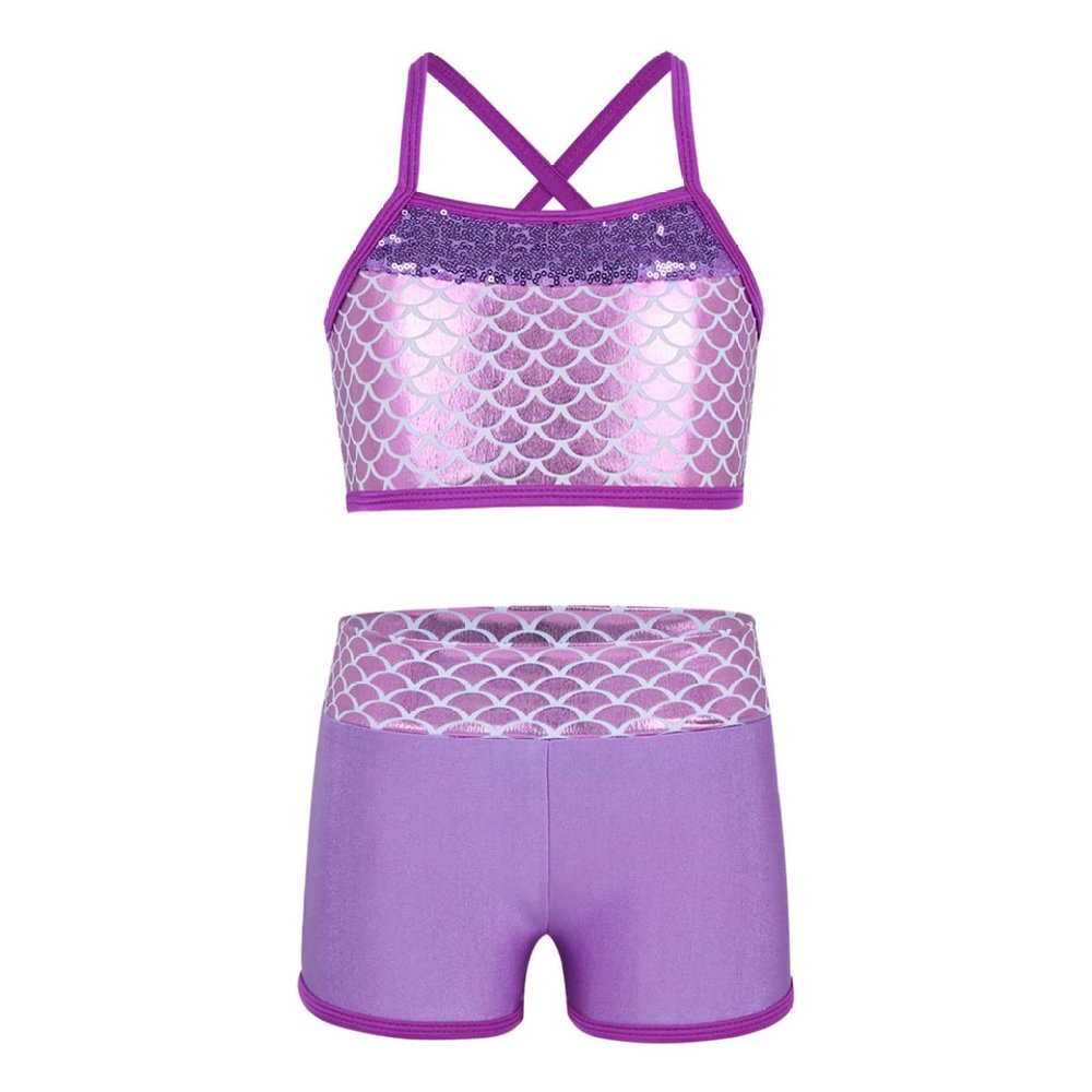 JanJean Kids Girls 2 Piece Ballet Active Outfits Shiny Tank Top with Booty Shorts Gymnastics Leotard Dance Gym Workout Shiny Lavender 8-10