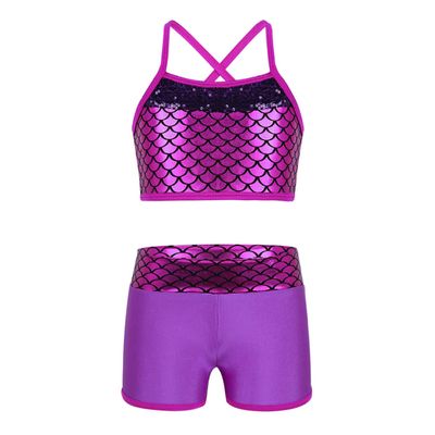 JanJean Kids Girls 2 Piece Ballet Active Outfits Shiny Tank Top with Booty Shorts Gymnastics Leotard Dance Gym Workout Shiny Rose Red 10-12