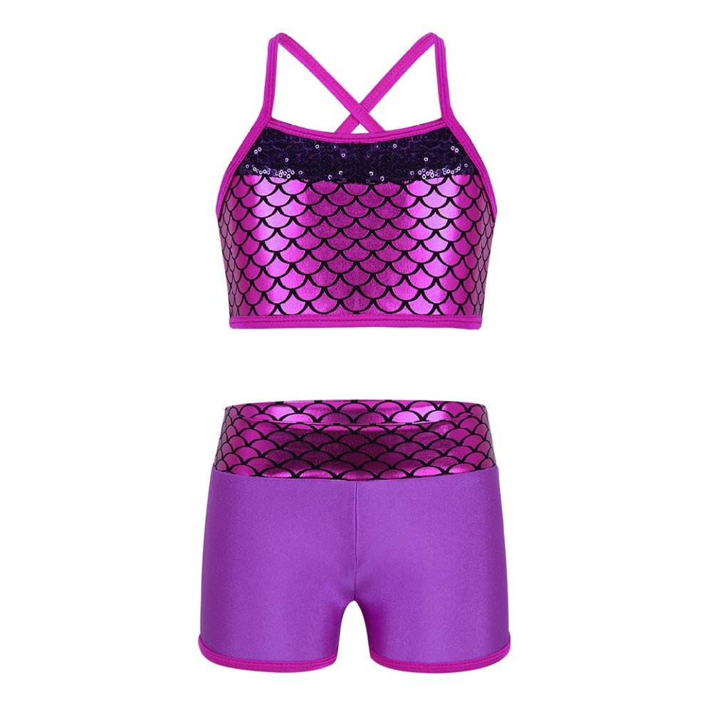 JanJean Kids Girls 2 Piece Ballet Active Outfits Shiny Tank Top with Booty Shorts Gymnastics Leotard Dance Gym Workout Shiny Rose Red 10-12
