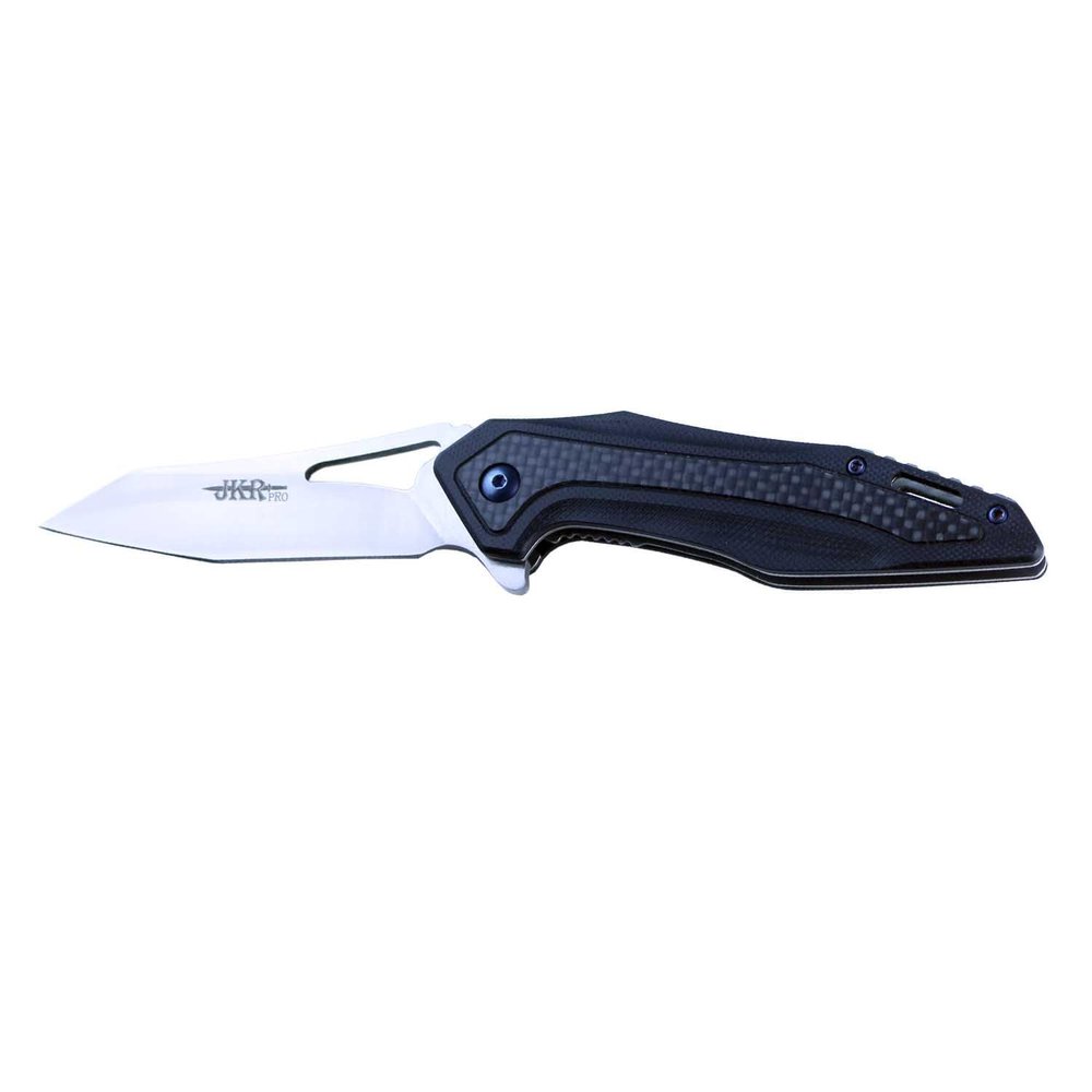 Joker JKR10010 Bearing Assisted Opening Knife, G10 / Carbon Fiber Handle in Black and 3.14 in. D2 Steel Blade, Overall Length 7.67 in.. Tool for fishing, hunting, camping and hiking.