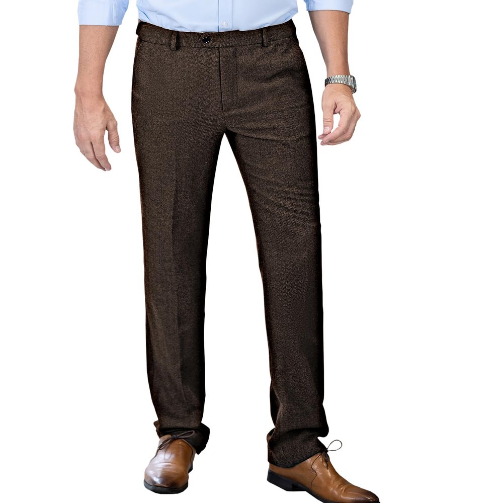Men's Tweed Pants Herringbone Thick Wool Pleated Front Dress Suit Vintage Trousers (Coffee, 38W x 30L)
