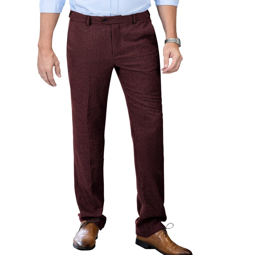 Men's Tweed Pants Herringbone Thick Wool Pleated Front Dress Suit Vintage Trousers (Burgundy, 30W x 32L)