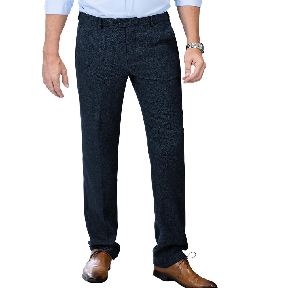 Men's Tweed Pants Herringbone Thick Wool Pleated Front Dress Suit Vintage Trousers (Navy, 34W x 32L)