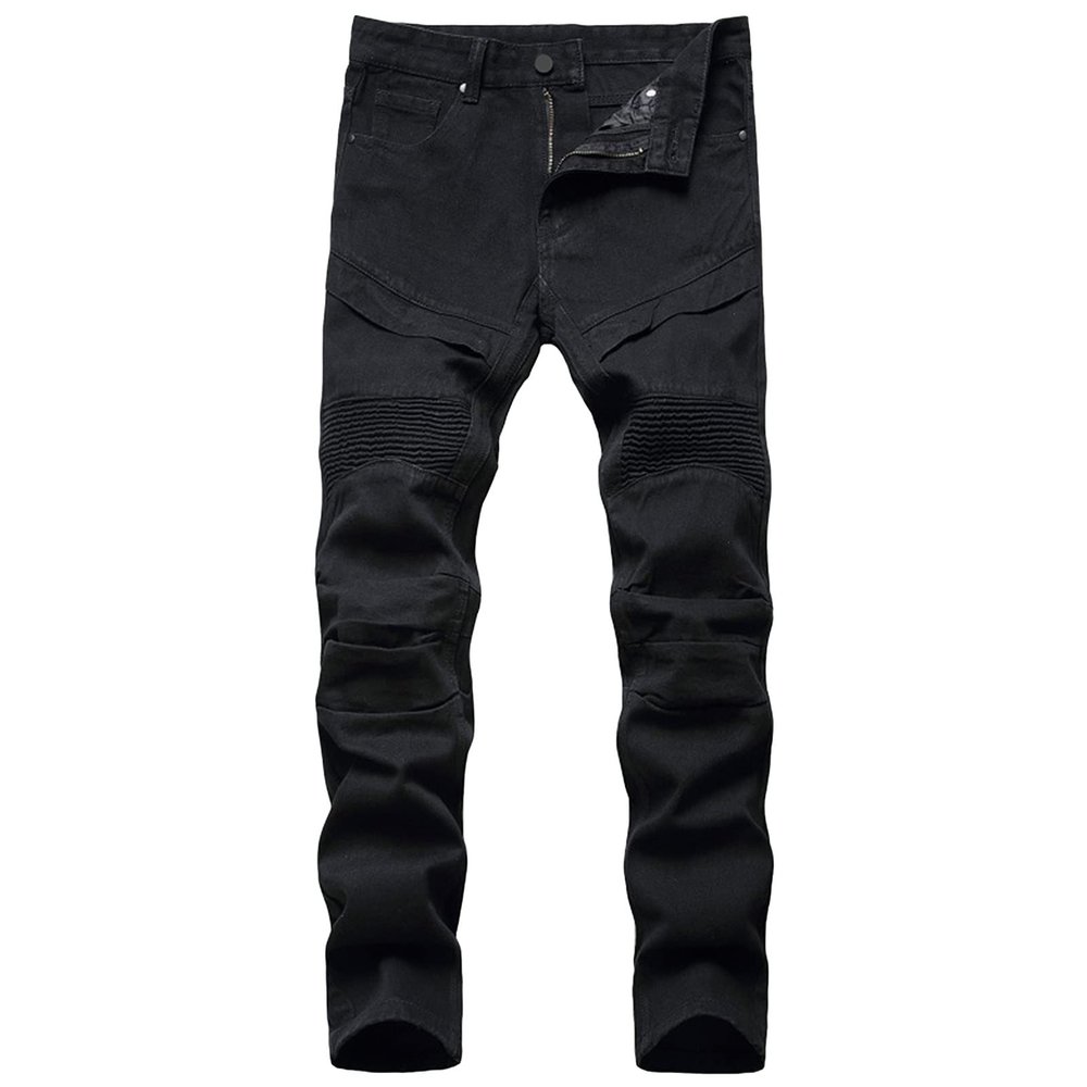 DGKaxiyaHM Men Stretch Washed Distressed Moto Denim Pants Solid Color Skinny Straight Leg Jeans Retro Ripped Biker Trousers (Black,42.00,5,OZ)