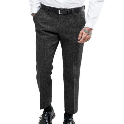 Vintage Men's Herringbone Tweed Dress Suit Pants Thick Wool Pleated Front Trousers Regular Fit (Black, 32W x 34L)