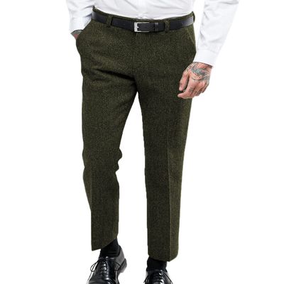 Vintage Men's Herringbone Tweed Dress Suit Pants Thick Wool Pleated Front Trousers Regular Fit (Army Green, 32W x 30L)