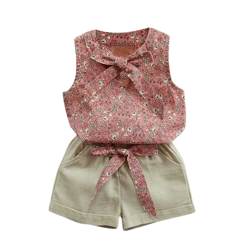 AnFeng Set Bowknot Vest Outfits Baby Clothes Kids Toddler Floral T-Shirt+Shorts Girls Girls Baby Girl Easter Outfit (Pink, 120)