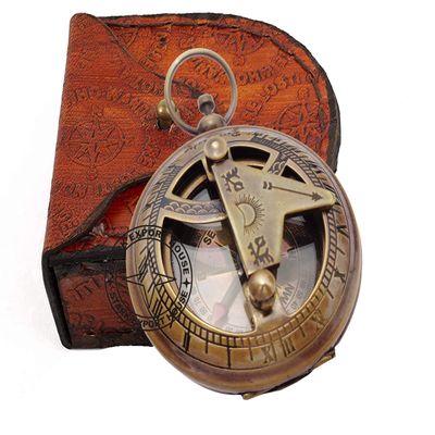 Brass Push Button Compass Pocket Sundial Compass for Navigation Outdoor Activities Camping Hiking 2 inch with Leather Case