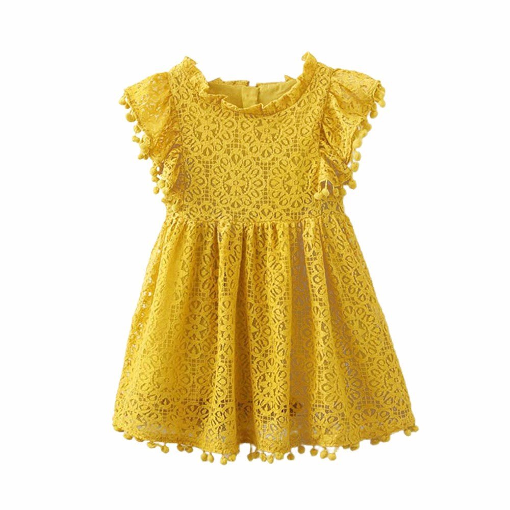 AnFeng Floral Kids Clothes Lace Print Princess Girls Baby Dress Hollow Girls Outfits&Set onsies3-6 Months Girls (Yellow, 110)
