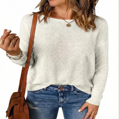 Acelitt Womens Casual Summer Long Sleeve Crew Neck Lightweight Oversized Fashion 2025 Crochet Knit Pullover Sweater White Small