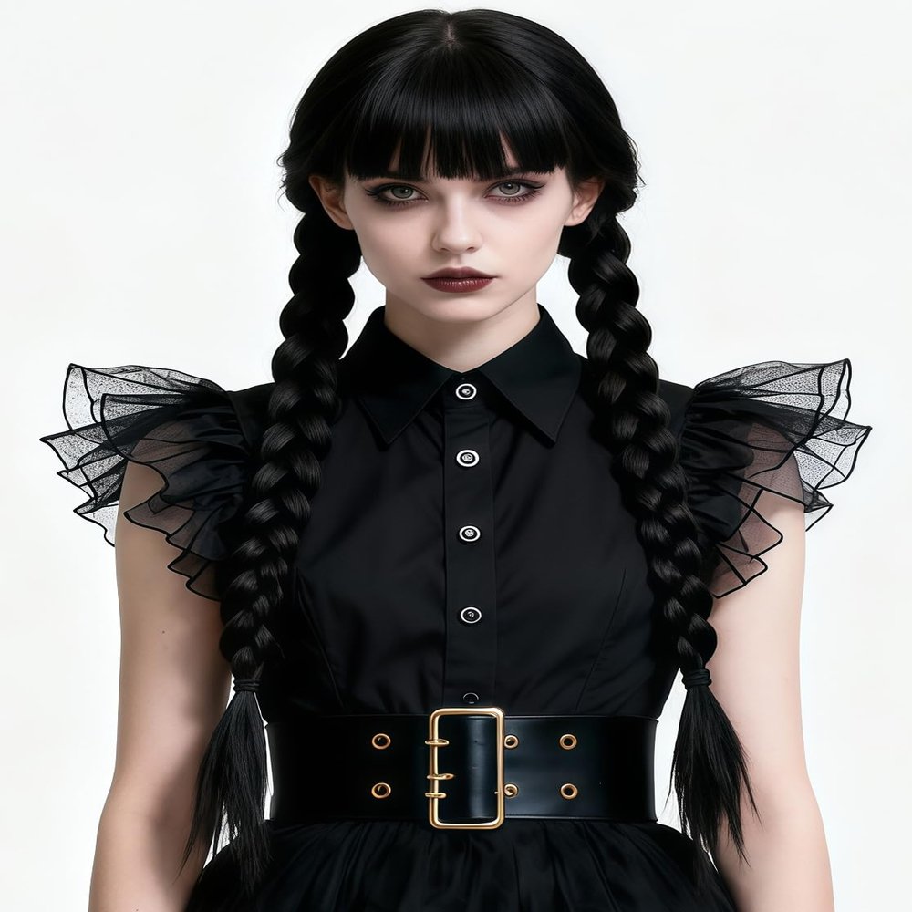 Juziviee Girls Braided Black Wigs for Gothic Costume Women Cute Soft Black Wig with Bangs for Halloween Costume Cosplay JZ025BK
