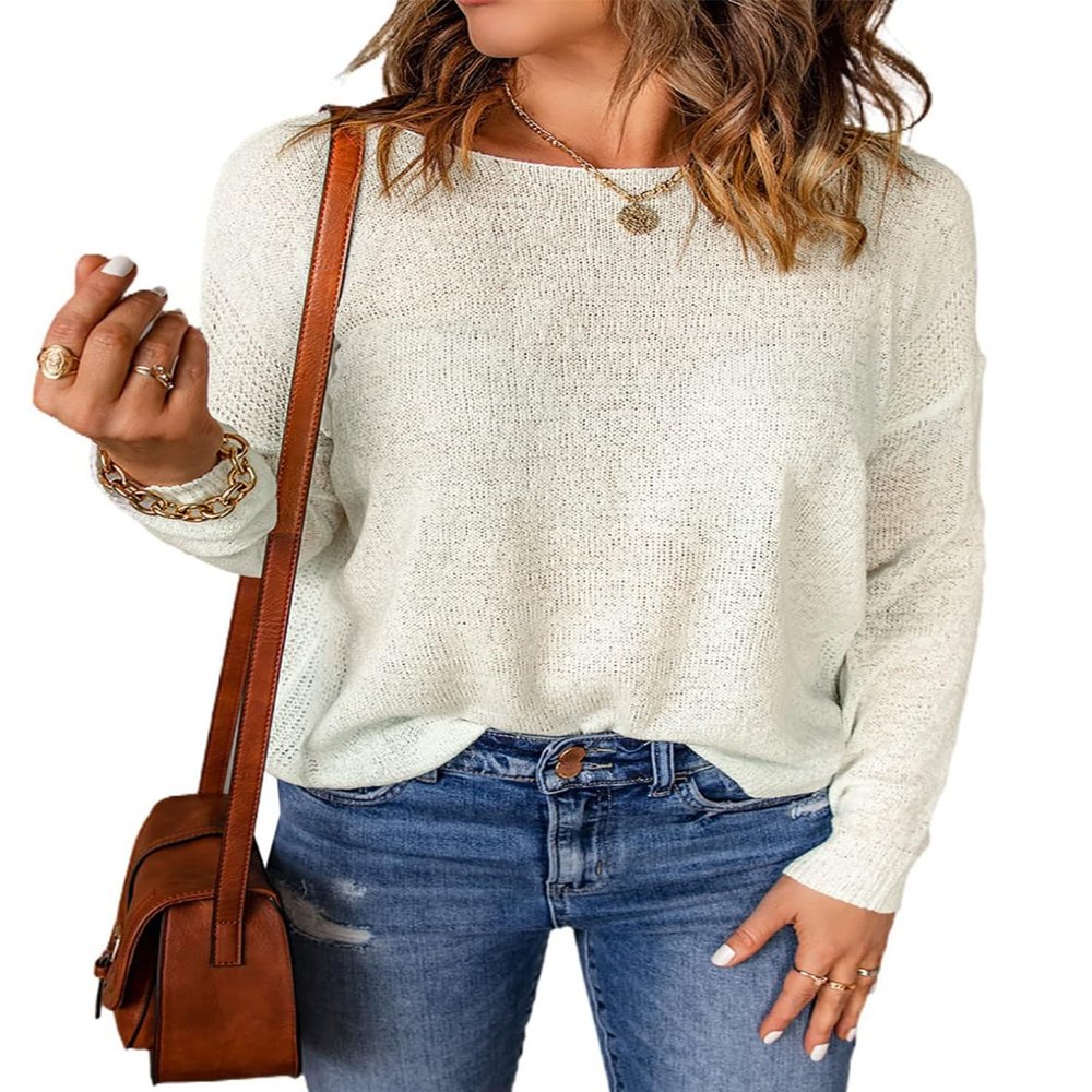 Acelitt Women Casual Summer Long Sleeve Crewneck Lightweight Loose Fashion 2025 Crochet Knit Pullover Sweaters Tops White XL