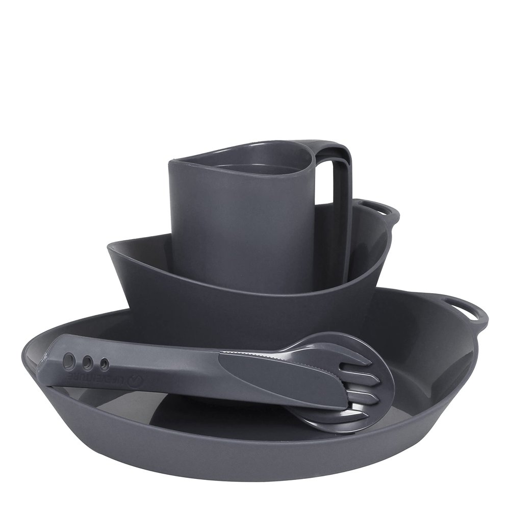 Lifeventure Ellipse Reusable 4-Piece Tableware Set: Knife/Fork/Spoon, Plate, Bowl, Mug For Camping, Travel & Outdoor - Graphite