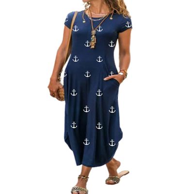 AHAIJ Women Summer Casual Maxi Dress Floral Printed Loose Pockets Short Sleeve Split Boho Dresses (Blue White, Medium)