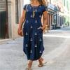 AHAIJ Women Summer Casual Maxi Dress Floral Printed Loose Pockets Short Sleeve Split Boho Dresses (Blue White, Medium) view 2
