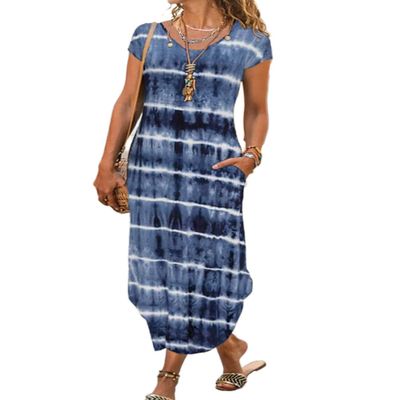 AHAIJ Women Summer Casual Maxi Dress Floral Printed Loose Pockets Short Sleeve Split Boho Dresses (Tie Dye Blue, Small)