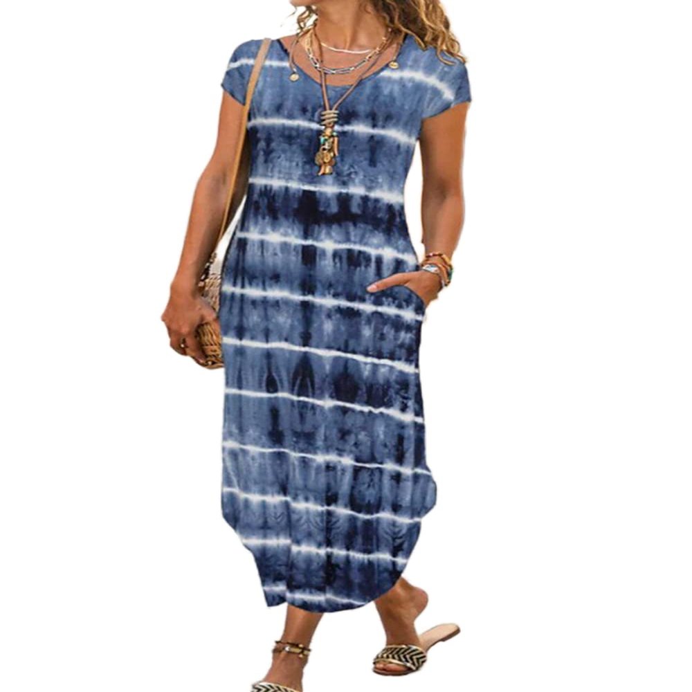 AHAIJ Women Summer Casual Maxi Dress Floral Printed Loose Pockets Short Sleeve Split Boho Dresses (Tie Dye Blue, Small)