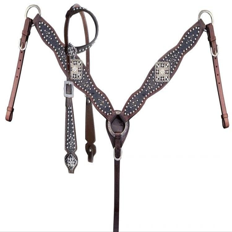 Showman Black Alligator Overlay Single Ear Leather Headstall & Breast Collar Set