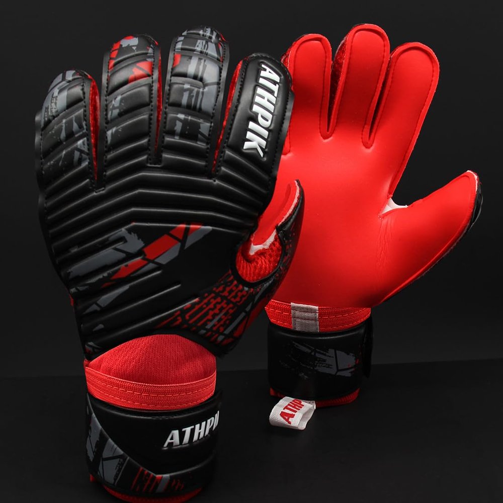 ATHPIK Goalie Goalkeeper Gloves with Pro Fingersaves, Strong Grip for The Toughest Saves, Protection to Prevent Injuries, Fit Match Training, Adult, Youth (Black & red, 7)