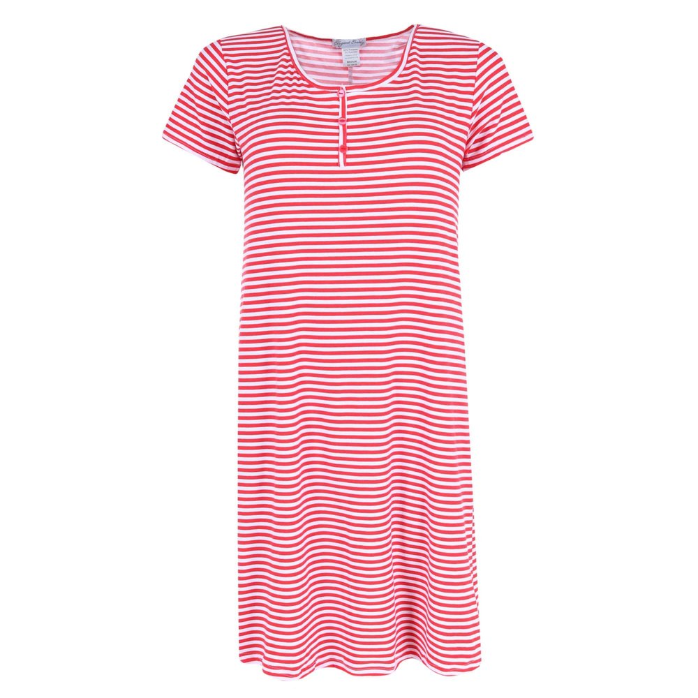 Elegant Emily Women's Striped Henley Nightgown, Medium, Red