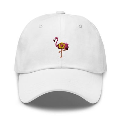 Flamingo Hibiscus hat, Embroidered Flamingo hat, Unisex Flamingo Hats for Women, for Men, Flamingo Gifts. White
