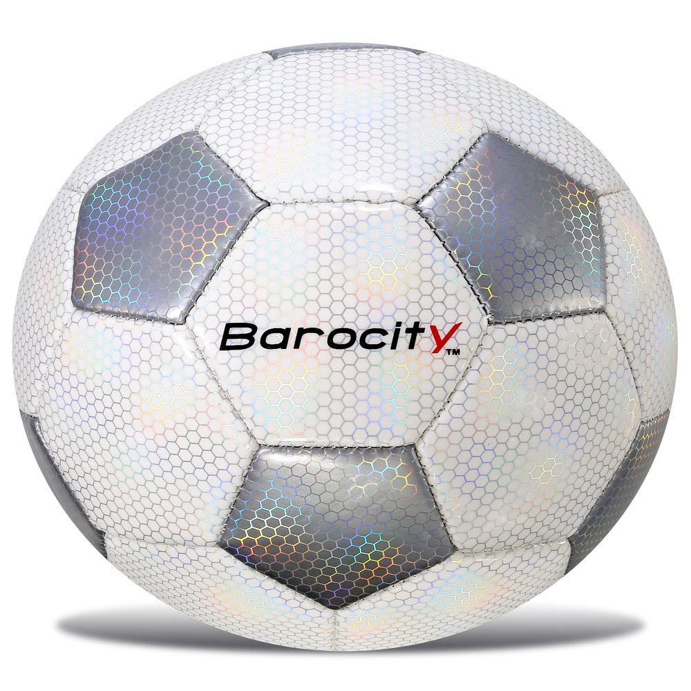Barocity Classic White and Silver Size 5 Soccer Ball Premium Boy and Girl Official Match Ball with Reflective Rainbow Hex Pattern, Durable, Indoor and Outdoor Games