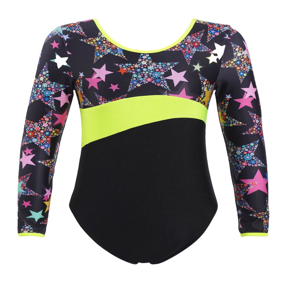 HULIJA Girls' Gymnastics Ballet Bodysuit 1Piece Long Sleeves Stars Print Leotard X Cross Back Skirted Dress Black 4 Years
