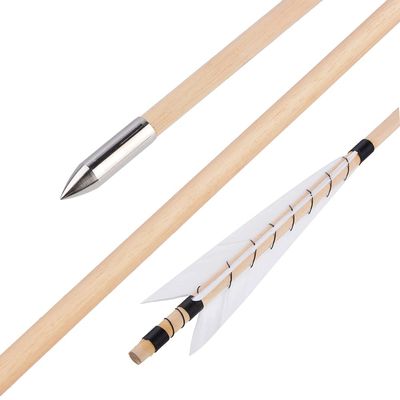SHARROW 32 Inch Wooden Arrow English Longbow Arrow Target Pracrice Arrow Shaft with 5" Turkey Feather Fletching and Field Point for Recurve Bow Longbow Traditaonal Bow (3 White, 12pcs)