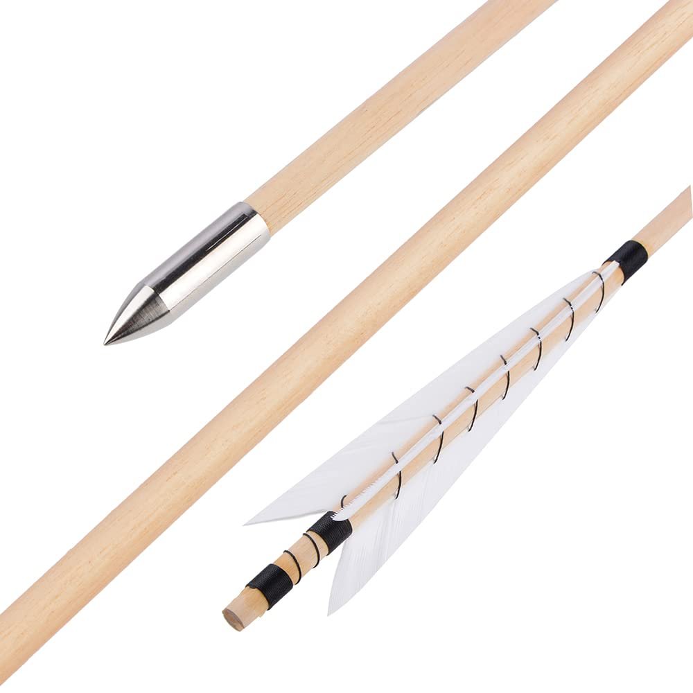 SHARROW 32 Inch Wooden Arrow English Longbow Arrow Target Pracrice Arrow Shaft with 5" Turkey Feather Fletching and Field Point for Recurve Bow Longbow Traditaonal Bow (3 White, 12pcs)