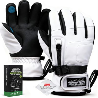 Hikenture Ski Gloves Snow Gloves for Men&Women, 3M Thinsulate Waterproof Snowboard Gloves, Insulated Touchscreen Snowmobile Gloves for Cold Weather, Windproof Warm Skiing Gloves, White-M