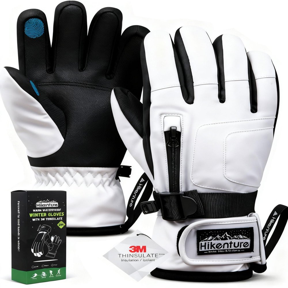 Hikenture Ski Gloves Snow Gloves for Men&Women, 3M Thinsulate Waterproof Snowboard Gloves, Insulated Touchscreen Snowmobile Gloves for Cold Weather, Windproof Warm Skiing Gloves, White-M