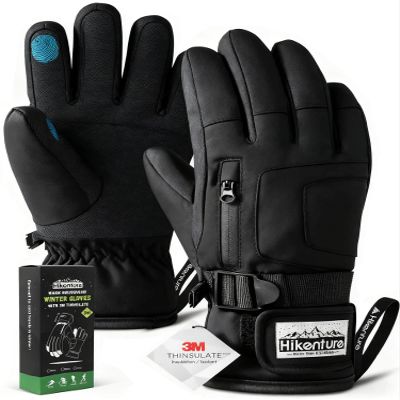 Hikenture Ski Gloves Snow Glove for Men&Women, 3M Thinsulate Waterproof Snowboard Gloves, Insulated Touchscreen Snowmobile Glove for Cold Weather, Windproof Warm Skiing Gloves, Black-M