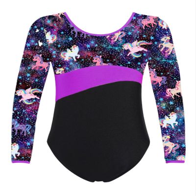 HULIJA Girls' Gymnastics Ballet Bodysuit 1Piece Long Sleeves Stars Print Leotard X Cross Back Skirted Dress Pegasus Star 4 Years
