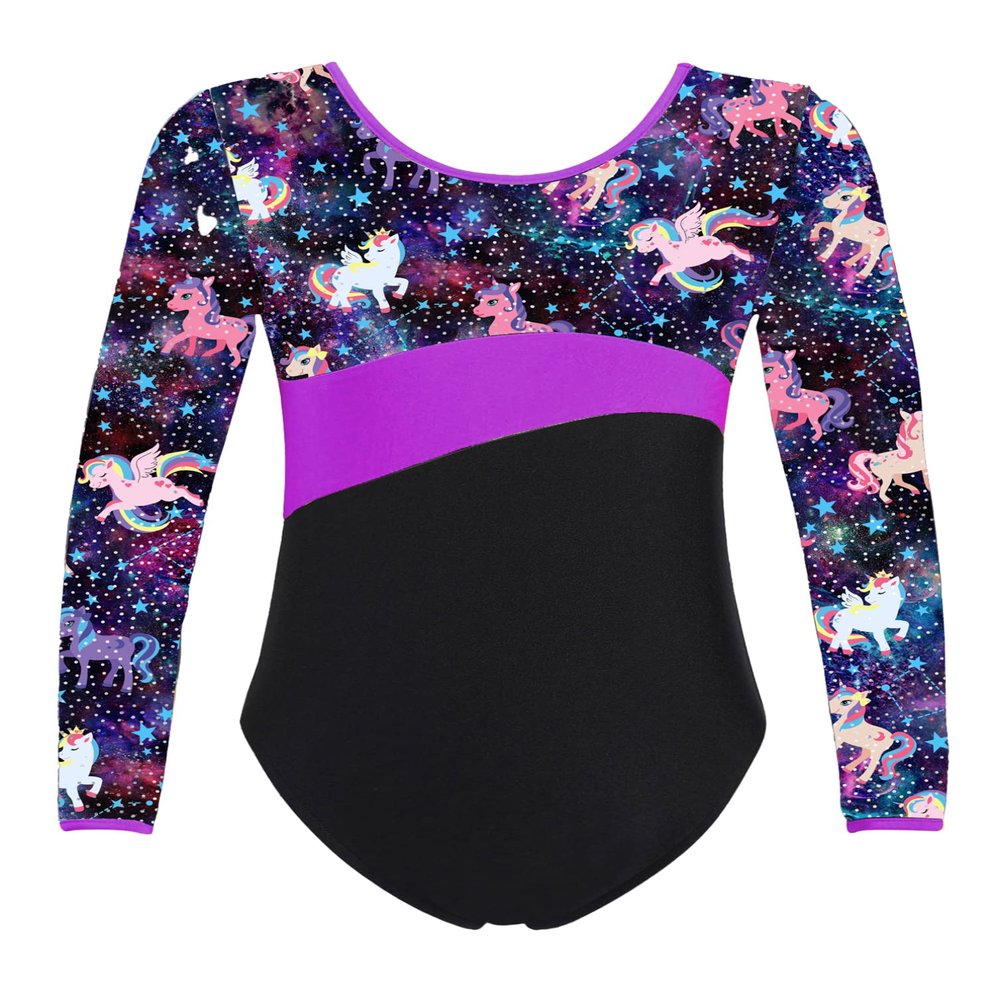 HULIJA Girls' Gymnastics Ballet Bodysuit 1Piece Long Sleeves Stars Print Leotard X Cross Back Skirted Dress Pegasus Star 4 Years