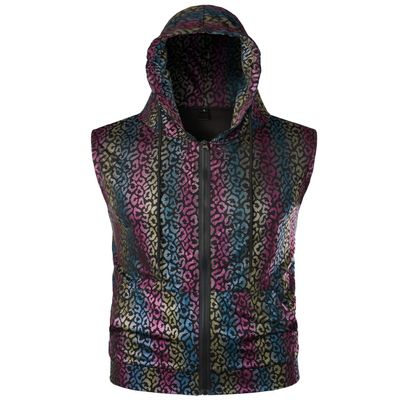 ZEROYAA Mens Hipster Leopard Metallic Zip Up Sleeveless Hooded Vest T Shirt with Kangaroo Pocket ZLSV18-Multicolour XX-Large