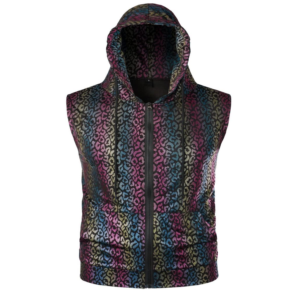 ZEROYAA Mens Hipster Leopard Metallic Zip Up Sleeveless Hooded Vest T Shirt with Kangaroo Pocket ZLSV18-Multicolour XX-Large