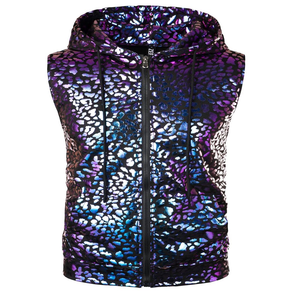 ZEROYAA Mens Hipster Leopard Metallic Zip Up Sleeveless Hooded Vest T Shirt with Kangaroo Pocket ZLSV18-Purple Small