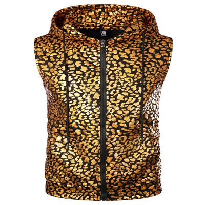 ZEROYAA Mens Hipster Leopard Metallic Zip Up Sleeveless Hooded Vest T Shirt with Kangaroo Pocket ZLSV18-Gold X-Large