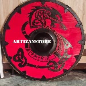 ARTIZANSTORE Medieval LARP Warrior Wood & Steel Viking Round Shield Armor Templar Shield 24 inch Handmade Shield, Red