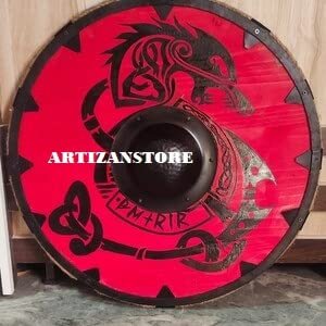 ARTIZANSTORE Medieval LARP Warrior Wood & Steel Viking Round Shield Armor Templar Shield 24 inch Handmade Shield, Red