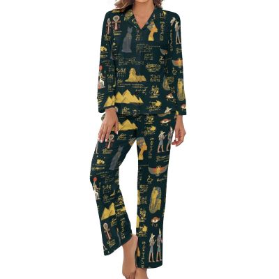 BAIKUTOUAN Ancient Egypt Theme Women's Button Down Pajamas Set Long Sleeve Sleepwear Nightwear