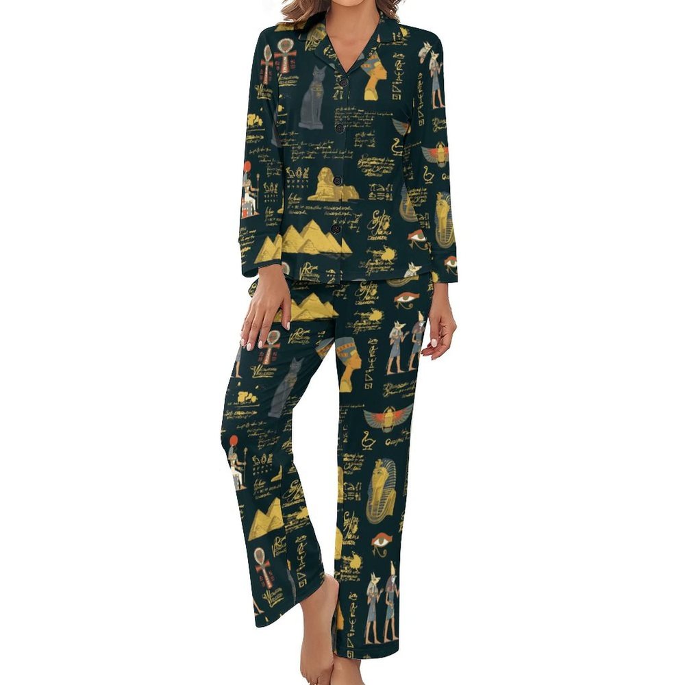 BAIKUTOUAN Ancient Egypt Theme Women's Button Down Pajamas Set Long Sleeve Sleepwear Nightwear