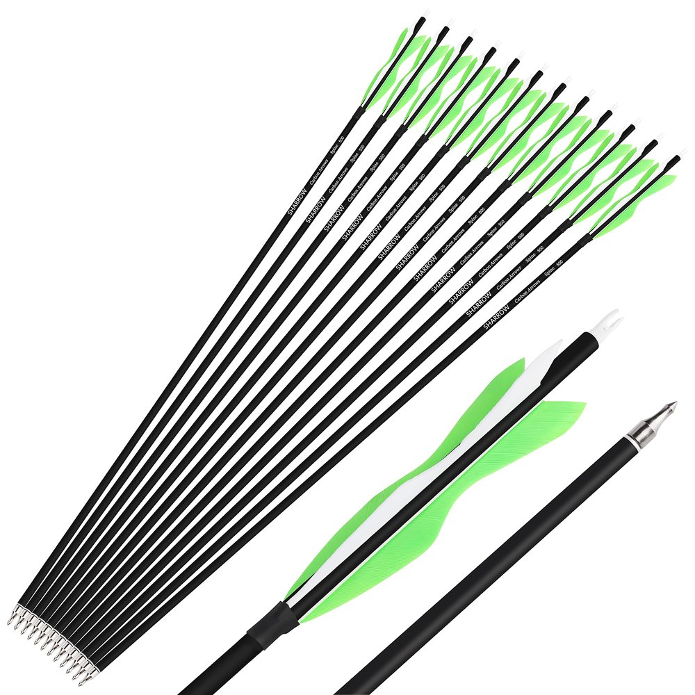 SHARROW 6/12 Pack 28/30/31 Inch Carbon Hunting Arrow Spine 500 Target Practice Arrows with 5" Turkey Feathers and 100 Grain Field Points for Recurve&Compound Bow (31inch/12pcs, Light Green White)