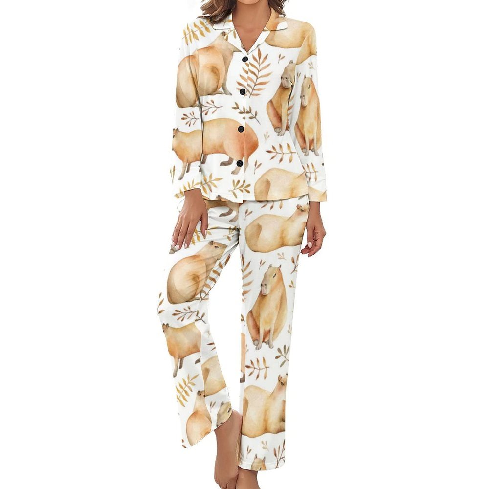 BAIKUTOUAN Adorable Capybara Women's Button Down Pajamas Set Long Sleeve Sleepwear Nightwear