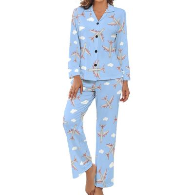 BAIKUTOUAN Airplane in The Sky Women's Button Down Pajamas Set Long Sleeve Sleepwear Nightwear