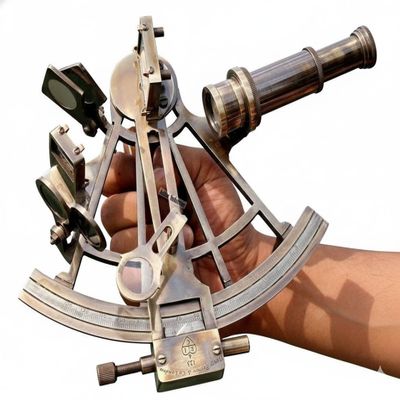 8" Antique Brass Sextant  Nautical Maritime Navigation Instrument with Telescope  Vintage Replica of Marine Sextant for Collectors, Decor, and Educational Use  Handcrafted Antique Finish
